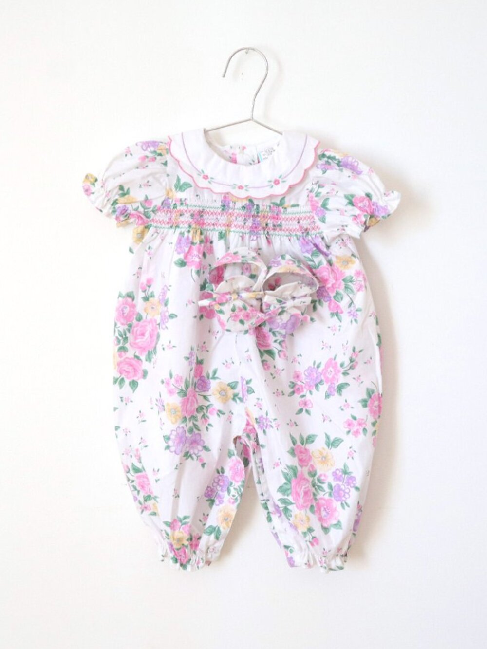Vintage Baby White & Pink Floral Rompers + Shoes SET / 6-9M